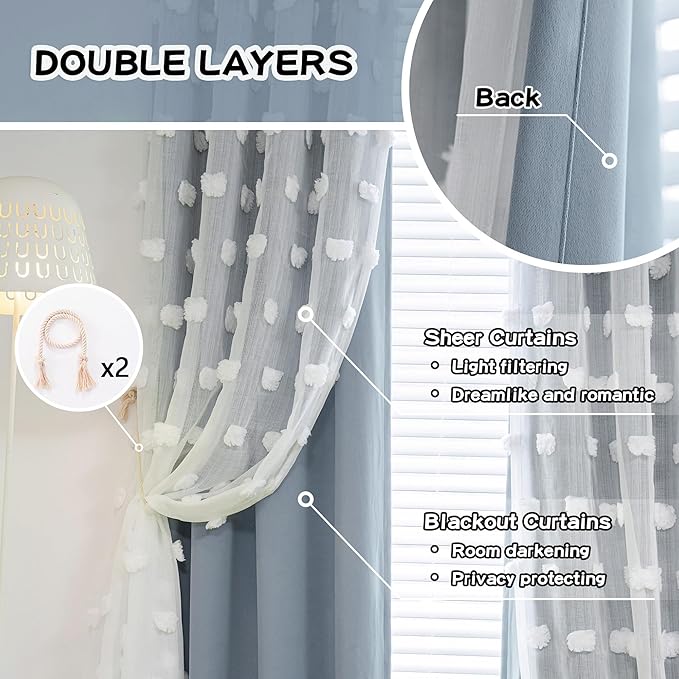 MYSKY HOME Blue Living Room Curtains Kids Curtains for Boys Bedroom 84 Inches Long Double Layer Curtains Room Darkening Grommet White Pom Pom Sheer Blackout Curtains Dusty Blue 52 x 84 Inch 2 Panels
