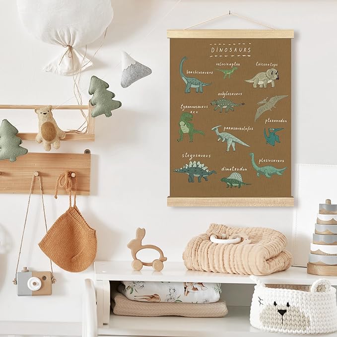 BCUANGD Dinosaur Dino Wall Decor - Brown Baby Toddler Boys Room Wall Art Poster Hanger with Wood Frames, Inspirational Wall Hanging Canvas Decor for Kids Room Nursery Bedroom, 12x16 Inches