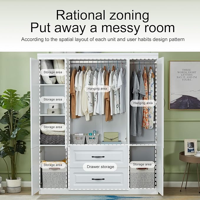4 Door Armoire Wardrobe Closet, Wood 2 Drawers Armoire Storage Cabinet for Large Capacity, White Bedroom Armoires for Clothes with Hanging Rod and 5 Storage