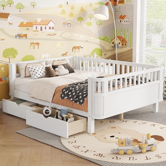 KEIKI Full Size Wooden Floor Day Bed w/Large Storage Drawers, Space Saving Corner Platform Daybed Frame, Removable Safety Rail, Montessori Kids Beds for Boys Girls Bedroom, No Box Spring Needed, White