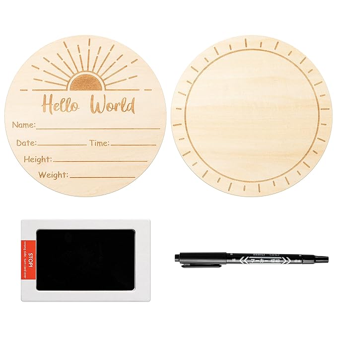 R HORSE Baby Birth Announcement Sign with Marker Pen, Boho Sun Baby Name Sign with Ink Pad for Hand and Footprints, Wooden Hello World Newborn Announcement Nursery Decor Keepsake Gifts
