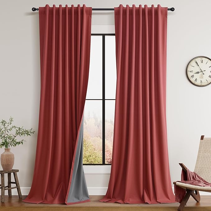 Guken Red Linen 100% Blackout Curtains 90 Inches Long for Living Room 2 Panels Set Textured Farmhouse Black Out Thermal Insulated Privacy Curtains for Room Divider Back Tab Hook Belt Backdrop 52x90