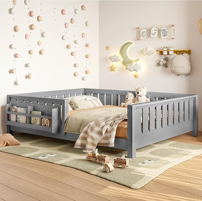 Bellemave Full Size Floor Bed with Slats and Safety Guardrail, Full Size Montessori Floor Bed with Fence and Built-in Bookshelf, Easy Assemble Montessori Beds for Kids, Girls, Boys, Gray