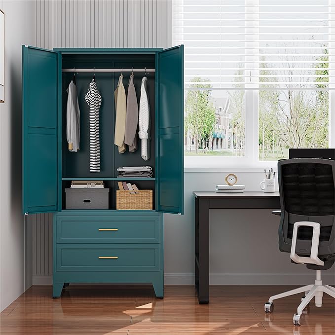 Metal Wardrobe Closet Cabinet with Drawers,71" H Large Bedroom Armoires with Shelves and Hanging Rod,Wardrobe Storage Cabinet with 2 Doors, 1 Adjustable Shelf and Drawers (2Drawer, Blue)