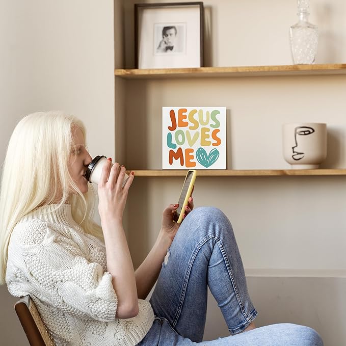Baby Girl Nursery Christian Wood Box Sign, Christian Toddler Room Decor, Kids Bible Verse Decor, Jesus Loves Me Wooden Box Sign for Tabletop Shelf Home Desk 5x5 Inch