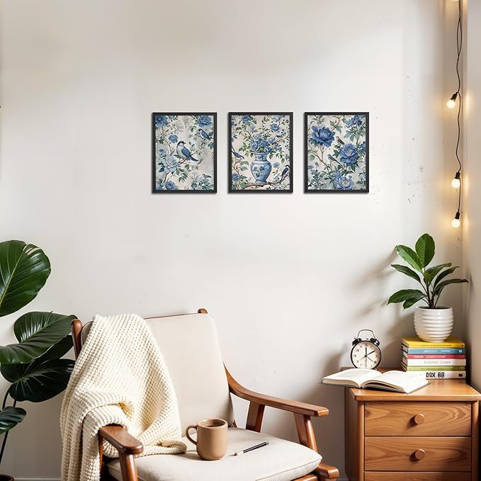 OFJE Vintage Chinoiserie Floral Bird Wall Art Decor Prints Set of 3, Retro Blue and White Grandmillenial Flower Birding Wall Art Posters Decor for Home Bedroom Living Room, 8x10 Unframed