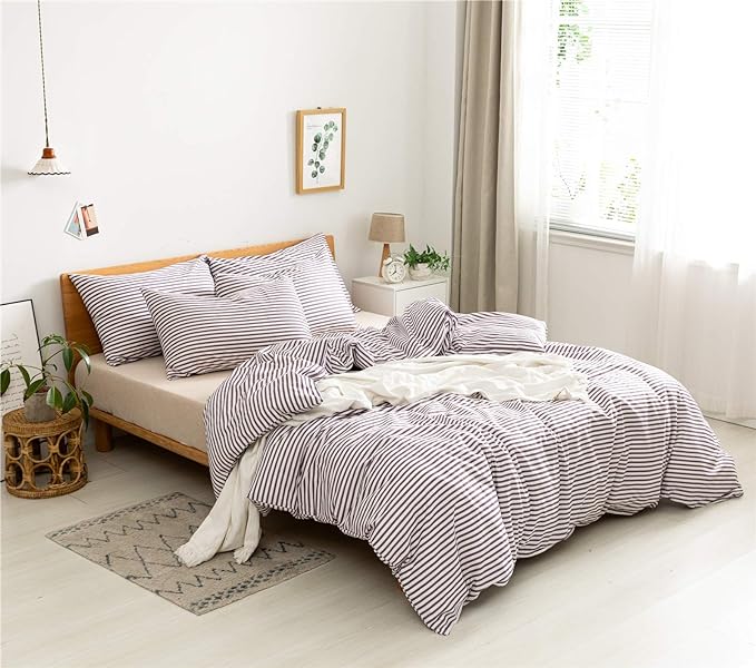 JELLYMONI 100% Natural Cotton 3pcs Striped Duvet Cover Sets,White Duvet Cover with Purple Stripes Pattern Printed Comforter Cover,with Zipper Closure & Corner Ties(Full Size)