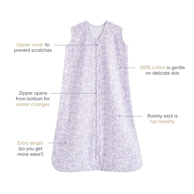 HALO SleepSack, 100% Cotton Wearable Blanket, Swaddle Transition Sleeping Bag, TOG 0.5, Aster Flowers-purple, Medium, 6-12 Months