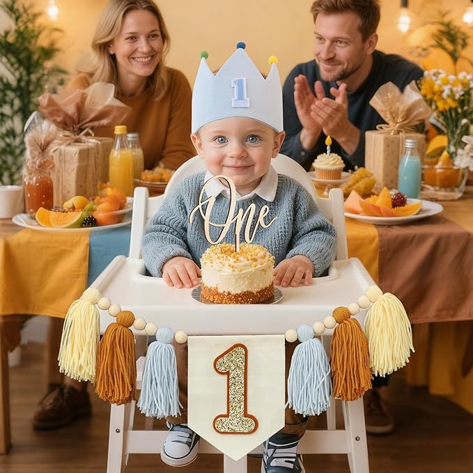 Baby 1st Birthday Party Decorations For Handmade Blue Tassel Garland Highchair Banner With Cake Topper Crown Hat