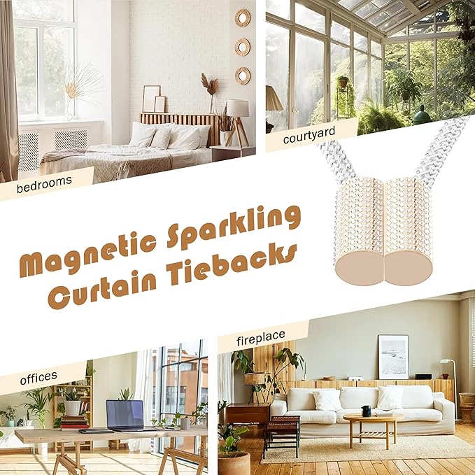 SRG Handmade Magnetic Curtain Tiebacks 4 Pack Sparkling Glass Wrapped Wooden Holdbacks with Strong Magnets, No Drilling Drapery Accessories for Home Decor – White