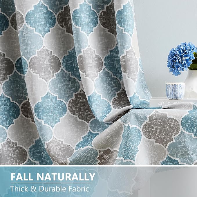 Gray/Blue Geometric Curtains for Bedroom Living Room Moroccan Trellis Pattern Full Blackout Drapes 90 Inch Length Room Darkening Thermal Insulated Window Treatments Sets, 52" W，2 Panels