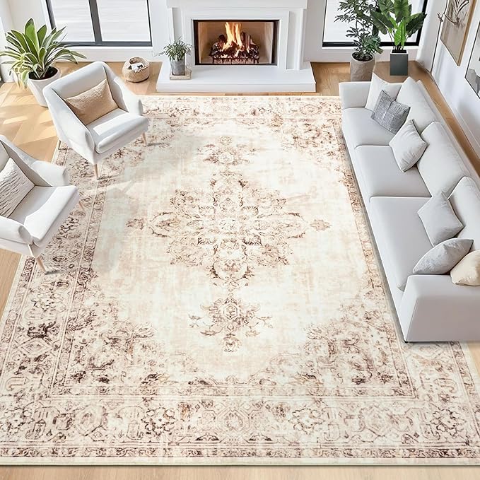 Area Rug 8x10, Washable Rug for Living Room, Large Area Rugs for Bedroom, Vintage Rug 8x10 for Dining Room, Non Slip Soft Low Pile Indoor Carpet for Kitchen, Nursery, Office, Farmhouse, Beige
