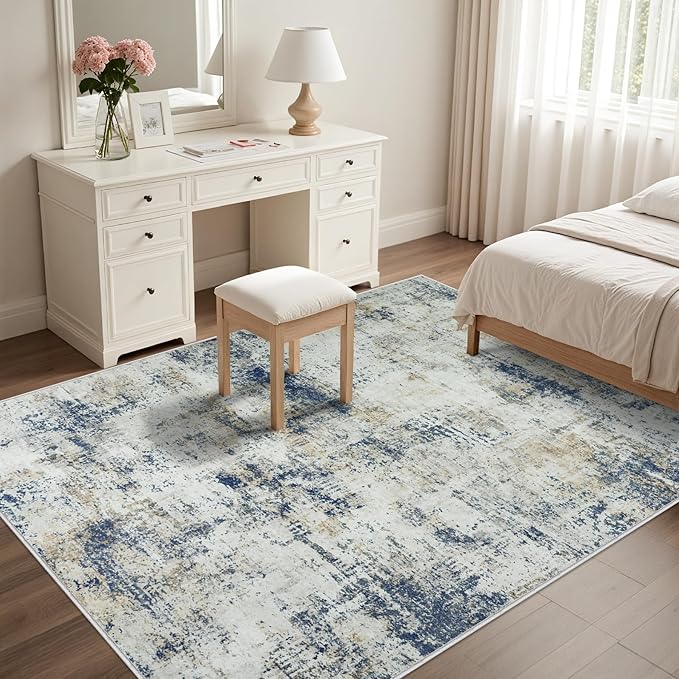 9x12 Area Rugs Living Room Rugs: Large Washable Rug with Anti-Slip Backing Non-Shedding Stain-Resistant Soft Abstract Carpet for Bedroom Dining Room Nursery Hallway Indoor Home Office Blue Brown