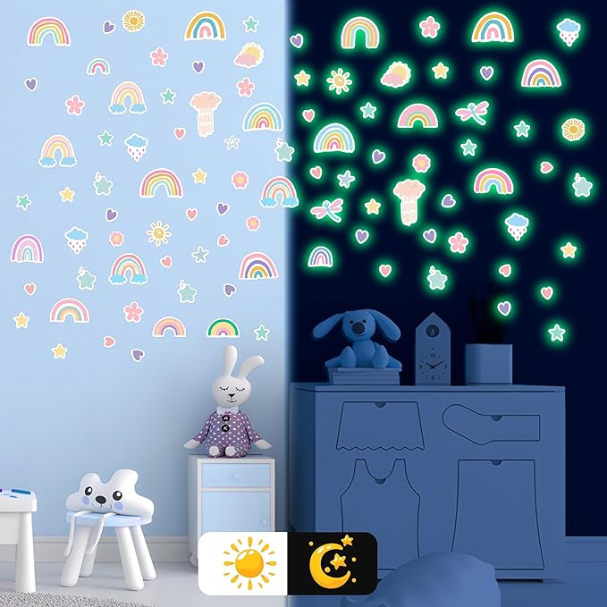 Rainbow Wall Decal Glow in The Dark, Small Watercolor Heart Star Flower Stickers for Girls Room, Kids Boys Baby Nursery Decor