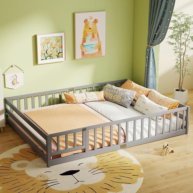 KOMFOTT Queen Size Wood Floor Bed with Door & Fence, Montessori Bed Frame with Full Length Safety Guardrails, Door & Latch, Wooden Montessori Floor Bed for Kids, Girls, Boys (Queen,Grey)
