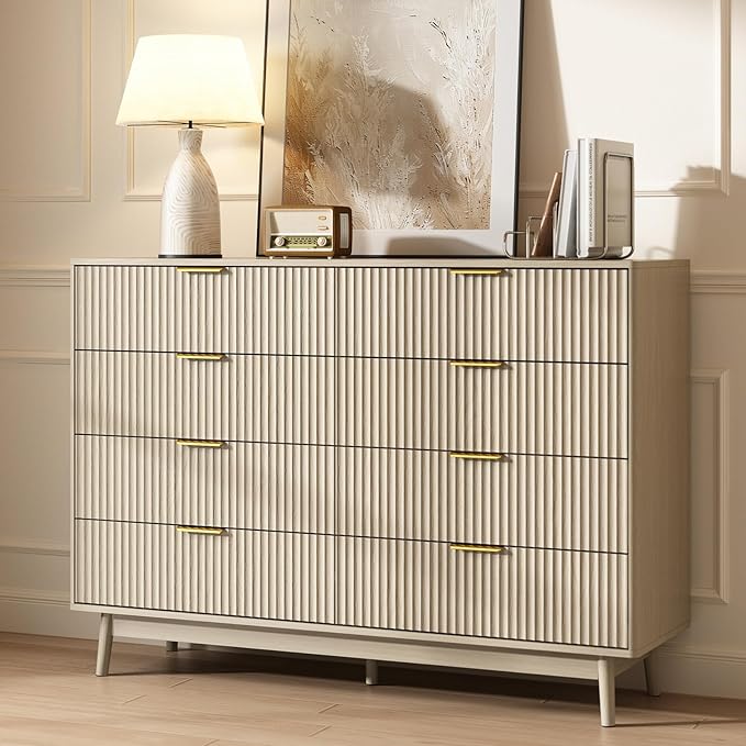 CARPETNAL Fluted 8 Drawer Dresser for Bedroom, 55" Wide Wooden Chest of Drawers with Rounded Corners, Gold Handles, Modern Storage Organizer for Bedroom, Hallway(Beige)