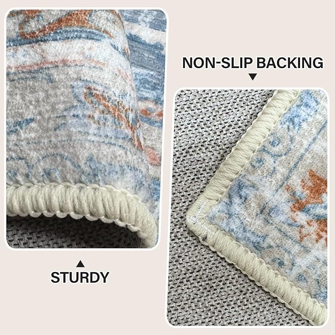 Vhong Washable Area Rugs Boho Vintage Neutral Modern Pale Blue 6x9 Non Slip Carpet for Living Room Dining Room Bedroom