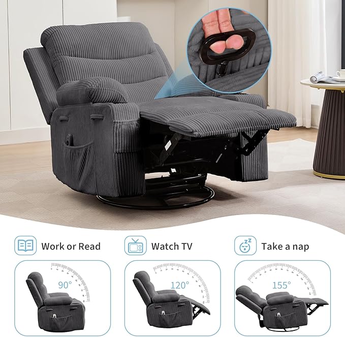 Recliner Chair Nursery, Oversized Manual Reclining Rocking Chair, Corduroy 360 Swivel Glider with Cup Holder, Massage and Heat Recliner, Small Sofa Chairs for Adults, Living Room, RV, Bedroom, Gray