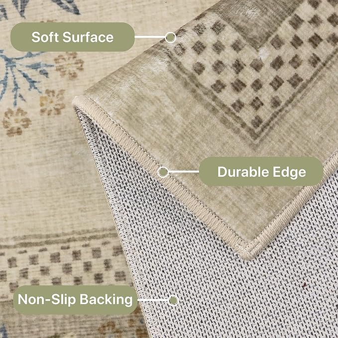 GENIMO Brown Floral Area Rug for Living Room, 6X9 Washable Rug Vintage Boho Area Rug with Non-Slip Backing, Soft Carpet for Indoor Bedroom, Dining Room,Girls Kids Room and Nursery Room