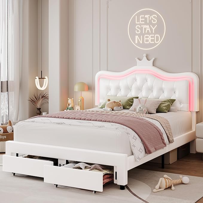 Keyluv Queen Upholstered LED Bed Frame with Storage Drawer, Leather Princess Platform Bed with Adjustable Crystal Button Tufted Crown Headboard, Solid Wooden Slats Support, No Box Spring Needed, White