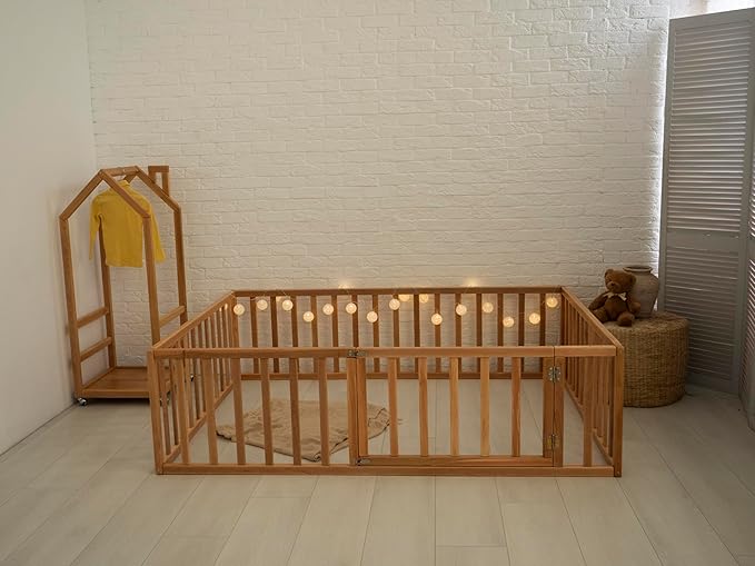 Montessori Floor Bed with 21.7" High Railings, Made in Europe from Alder Wood, 7 Colors Kids Bed Frame for Toddler Bedroom, 5 Sizes Toddler Beds for Boys and Girls, Water Based Paint (Model 19)