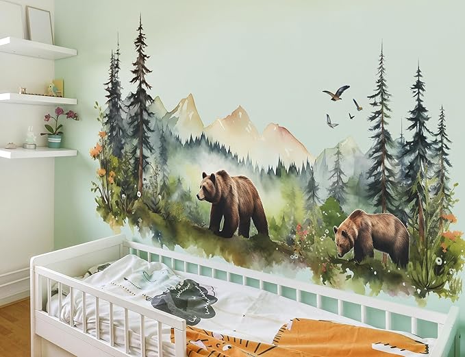 Large Jungle Animals Wall Decals Forest Tree Wall Decal Peel and Stick Woodland Bear Fox Deer Wall Stickers Giant Mountain Art for Bedroom Nursery Room FX-C432