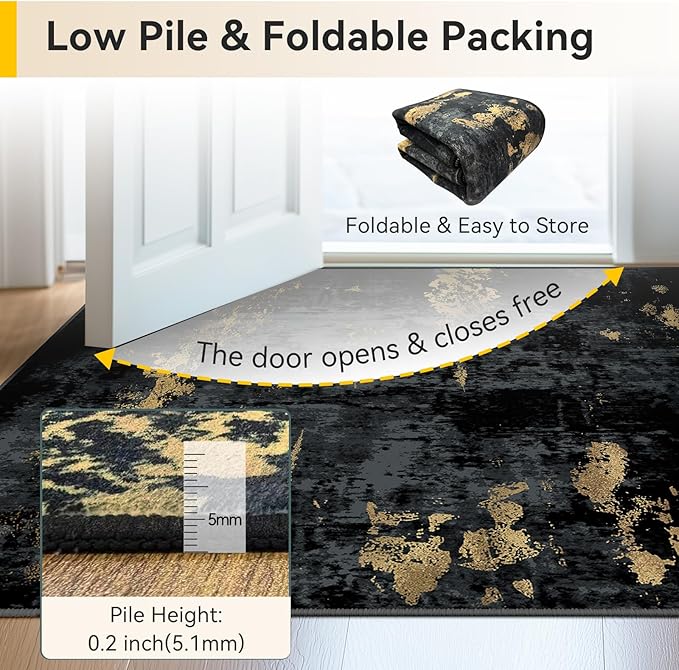 Washable Area Rugs 9'x12' Non-Slip Modern Abstract Soft for Living Room Entryway Bedroom Nursery, Print Pattern, Dark Black Gold