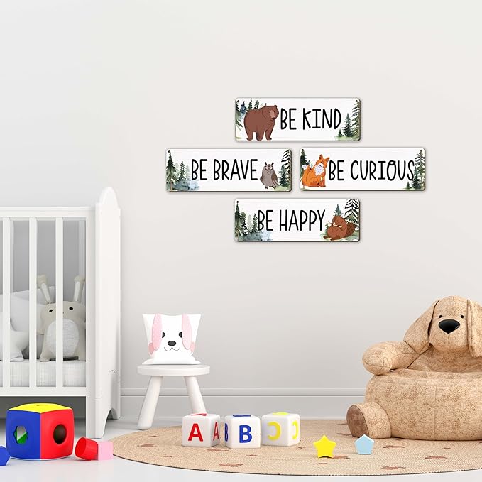 Woodland Nursery Decor, Jungle Safari Animals Boysroom Wall Sign Art, Inspirational Bedroom Decorations for Kids Boys, 4 Pieces Wood Sign, 3.9x11.8 In-A02