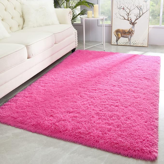 Merelax Modern Soft Fluffy Large Shaggy Rug for Bedroom Livingroom Dorm Kids Room Indoor Home Decorative, Non-Slip Plush Furry Fur Area Rugs Comfy Nursery Accent Floor Carpet 4'x6' Hot Pink