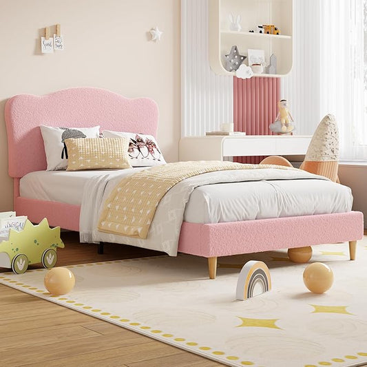 GarveeHome Upholstered Full Size Bed Frame for Kids with Scallop Headboard, Cute Velvet Full Bed for Girls, Boys, Sturdy Platform Bed, No Box Spring Needed, Wooden Slats, Noise Free, Pink