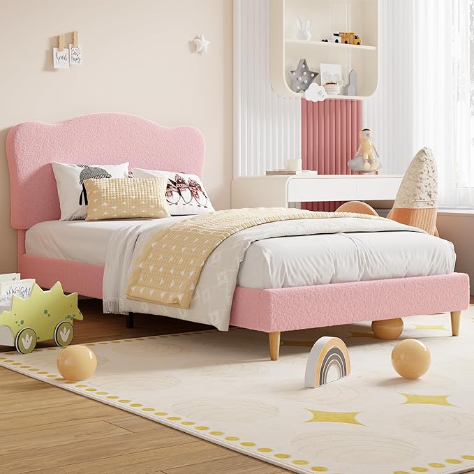 GarveeHome Upholstered Twin XL Size Bed Frame for Kids with Scallop Headboard, Cute Velvet Twin XL Bed for Girls, Boys, Sturdy Platform Bed, No Box Spring Needed, Wooden Slats, Noise Free, Pink