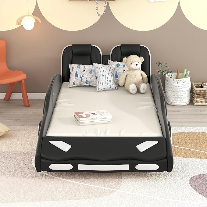 Harper & Bright Designs Twin Size Race Car-Shaped Platform Bed with Wheels, Black