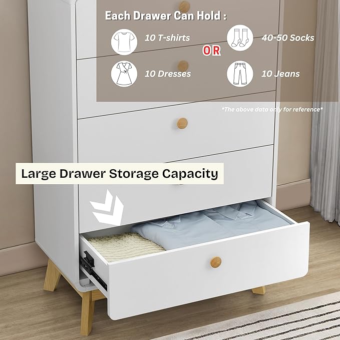 ELISA HOME Aries 5 Drawer Chest for Bedroom, Modern Wide Chest of Drawers, Wood Storage Organizer for Clothes, Entryway, Hallway, Nursery or Living Room, White