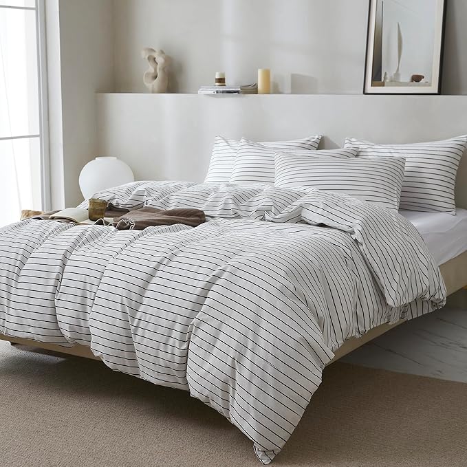 JELLYMONI 100% Natural Cotton 3pcs Striped Duvet Cover Sets, White Duvet Cover with Thin Black Stripes Pattern Printed Comforter Cover, with Zipper Closure & Corner Ties(King Size)