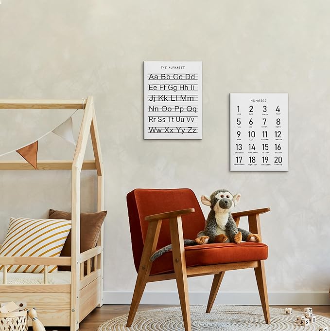 HRQKO Alphabet Numbers Nursery Canvas Wall Art Set of 2, Kids Room Decor Framed Art, ABC Numbers Learning Posters Wall Decor for Classroom Toddler Kids Nursery Bedroom Playroom, 11x14 inch