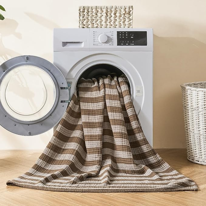 EMME Cotton Muslin Twin XL Blanket Breathable Gauze Soft Lightweight Adults Gifts for Women (Striped Brown, 66"x90")