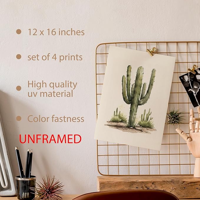 Hxlac Western Cowboy Wall Art Prints Set of 4 Unframed - Desert Cactus Hats Wall Decor for Toddler Kid Boy Room, Dream Big Little Cowboy (12x16Inches)