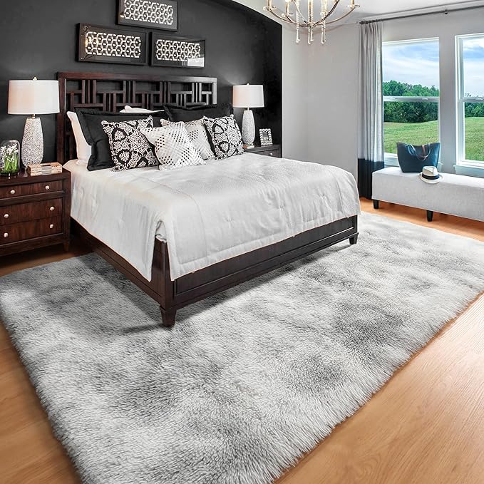 ONASAR 6x9 Area Rugs for Living Room, Large Tie-Dyed Light Grey Fluffy Shag Rug for Bedroom, Washable Ultra Soft Plush Floor Big Indoor Carpet for Baby Kids Girls Boys Teen Dorm Nursery Home Decor
