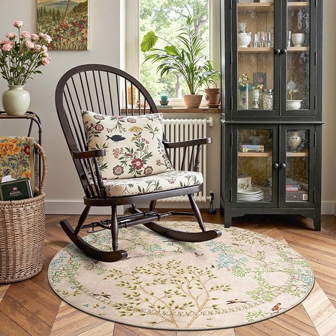 jinchan Yarden Round Rugs 5ft Beige Botanical Birds Print Machine Washable 5' Circle Nature Plants Modern Soft Non Slip Throw Area Rugs Ultra Thin Low Pile Carpet for Bedroom Kitchen Living Room