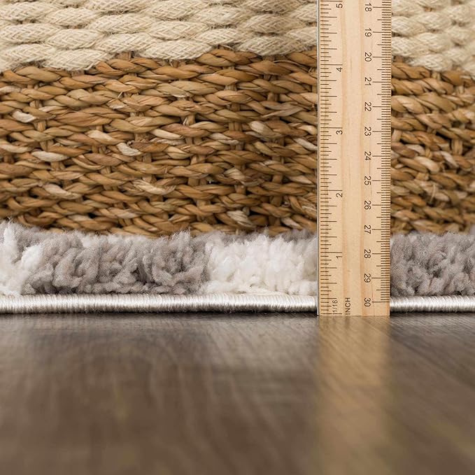 Hauteloom Kieu Contemporary Checkered Fluffy Shag Area Rug - Modern Geometric Soft Carpet Tiles for Living Room, Kids Room, Nursery - Gray, Light Grey, White - 6'7" x 9'