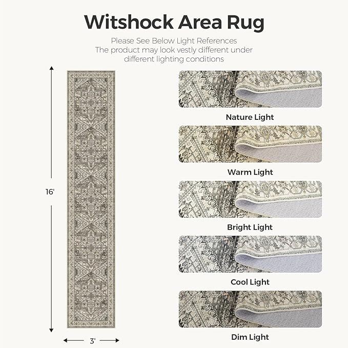 WITSHOCK 3x16 Extra Long Runner Rug for Hallway: Washable Boho Low Pile Stain Resistant Foldable Floor Carpet for Bedroom Entryway Bathroom Kitchen, Distressed Farmhouse Rug, Brown/Lvory, 36″x192″