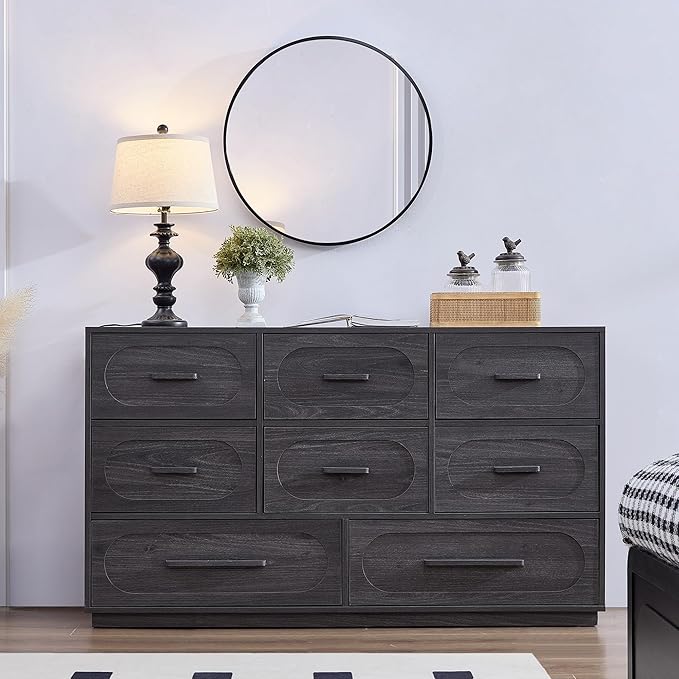 Grey 8 Drawers Dresser for Bedroom, 54" Wide Dressers & Chests of Drawers w/Solid Wood Handle, Mid Century Dresser TV Stand w/Natural Texture for Bedroom, Living Room