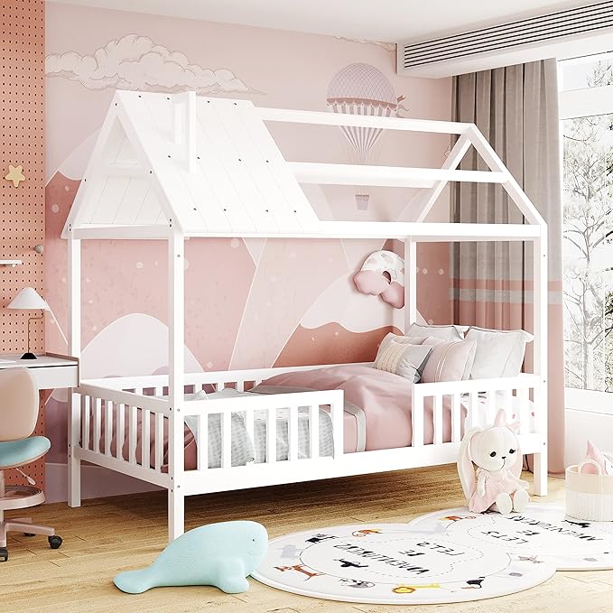 Merax Twin House Bed for Kids,Wood Twin Bed Frame House-Shaped Bed Platform Bed Frame with Roof Windows and Full-Length Safety Rails White