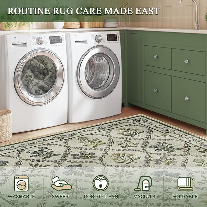 Floral Rugs for Girls, 5x7 Boho Washable Area Rug for Living Room, Cute Ultra-Thin Non Slip Indoor Decor Carpet for Nursery Kids Room Bedroom Playroom, Ivory Multi