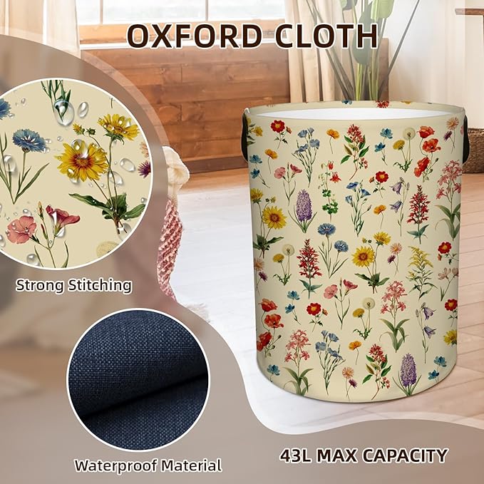 Flower Laundry Hamper, Waterproof Laundry Basket for Bedroom, 43L Round Collapsible Nursery Hamper Storage Bin with Handles for Toys, Storage Basket for Boy Girls, Room Decor, 13.8x17.7 in