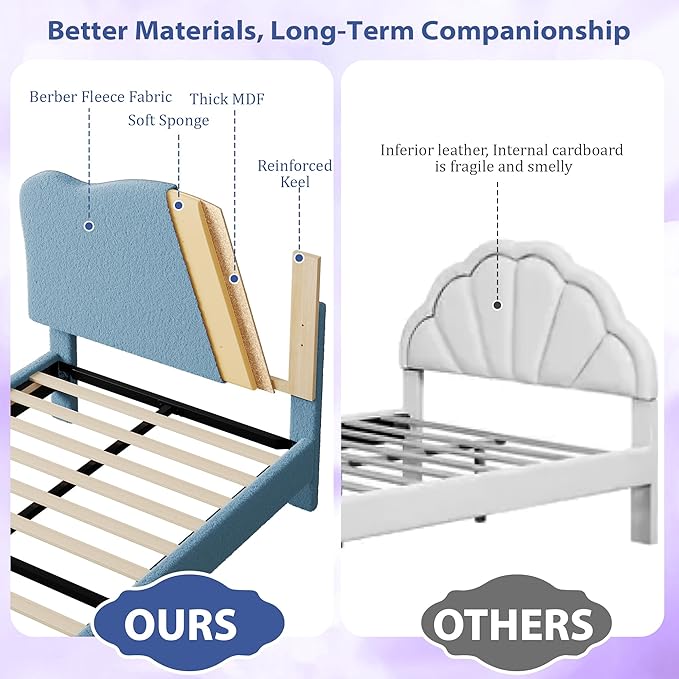 GarveeHome Upholstered Twin Size Bed Frame for Kids with Scallop Headboard, Cute Velvet Twin Bed for Girls, Boys, Sturdy Platform Bed, No Box Spring Needed, Wooden Slats, Noise Free, Blue