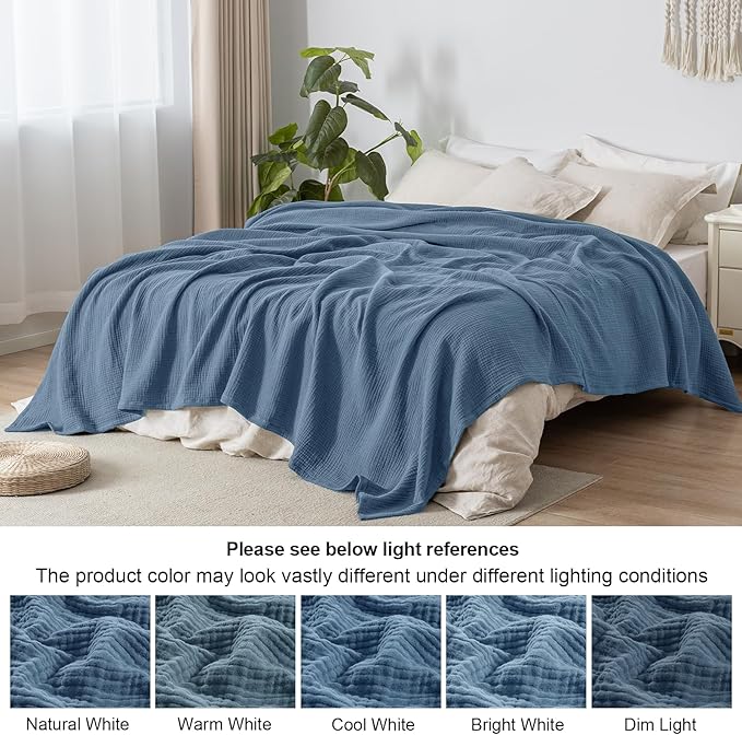 PHF 100% Cotton Muslin Blanket Queen Size 90"x90", 4-Layer Lightweight Gauze Throw, Breathable Cloud-Soft Minimalist Blanket for Bed, Couch, Camping & Baby, Denim Blue, Ideal Gift