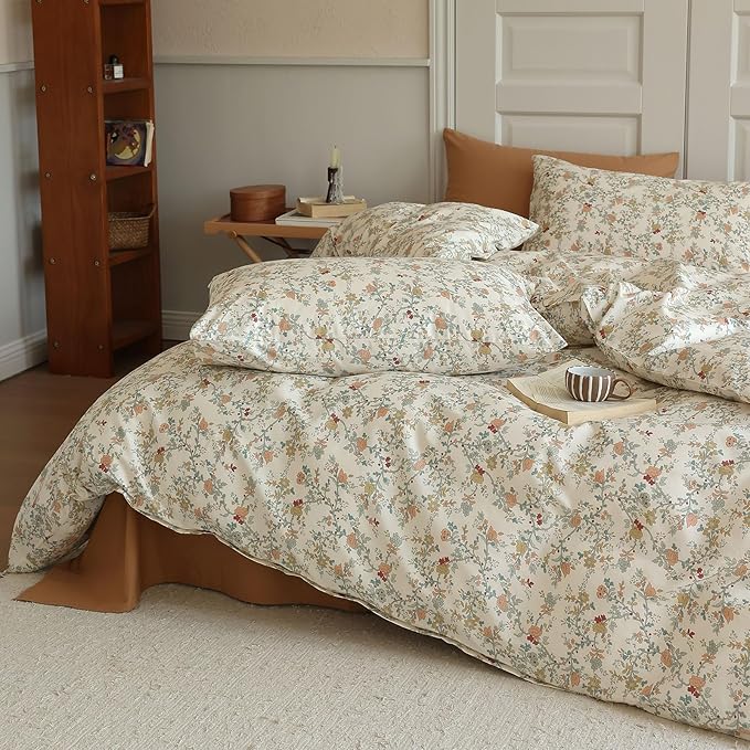 LifeTB Vintage Flower Duvet Cover Set Twin 100% Cotton Botanical Floral Duvet Cover Chic Branches Floral Bedding Set Flower Blossom Comfoter Cover with Zipper Ties Cottagecore Bedding Set