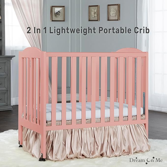 Dream On Me 2-in-1 Portable Folding Stationary Side Crib in Dusty Pink, Greenguard Gold Certified, Two Adjustable Mattress Height Positions,Made of Solid Pinewood, Flat Folding Crib
