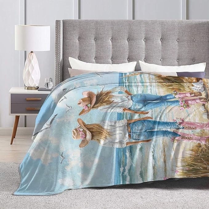 Coastal Cowgirl Blanket Cowgirl Beach Decor Throw Blanket Super Soft Flannel Lightweight Fluffy Plush Fuzzy Fleece Western Blanket Gifts for Girl Woman Boys Kids Adults Man for Bed Sofa 50"X60"